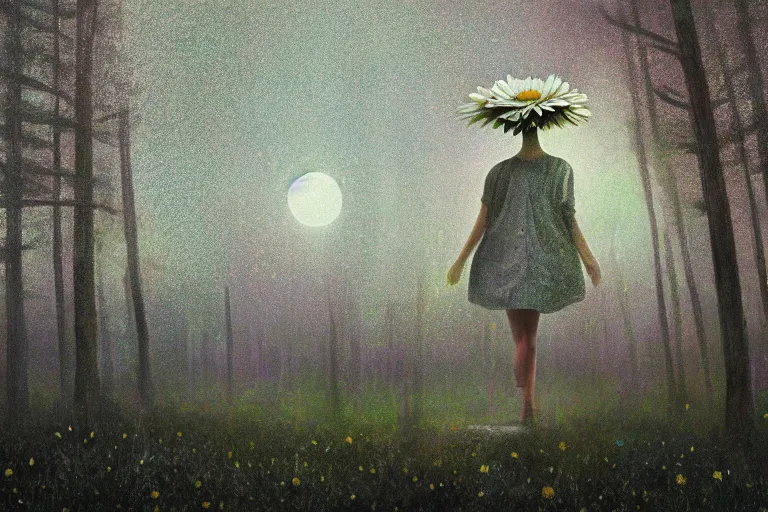 Prompt: looming giant daisy flower over head, girl walking in forest, surreal photography, dark night, stars, moon light, impressionist painting, clouds, digital painting, artstation, simon stalenhag