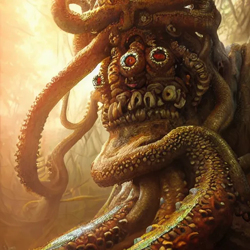 Prompt: forest octopus, great king of stovokor, wields his sword in battle against enemies in golden masks, epic battle scene by jaime jones, artgerm, sergeant, brad rigney, artstation, masterpiece, high detail, wide camera angle