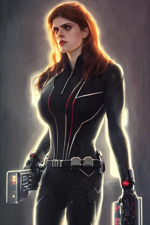 Image similar to alexandra daddario as black widow, realistic portrait, symmetrical, highly detailed, digital painting, artstation, concept art, smooth, sharp focus, illustration, cinematic lighting, art by artgerm and greg rutkowski and alphonse mucha