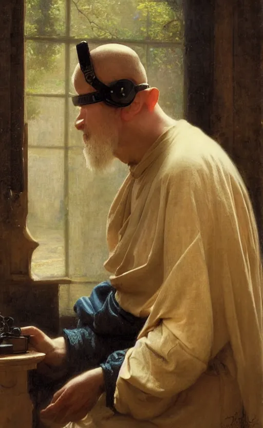 Prompt: a 1 4 th century monk using a vr headset by pierre auguste cot and delphin enjolras and daniel f. gerhartz