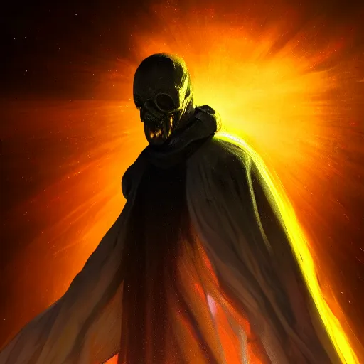 Prompt: award - winning. trending on artstation. 4 k. expressive. a faceless man wearing layered yellow robes while a black hole in space floats behind them. dark background. in the style of victor antonov