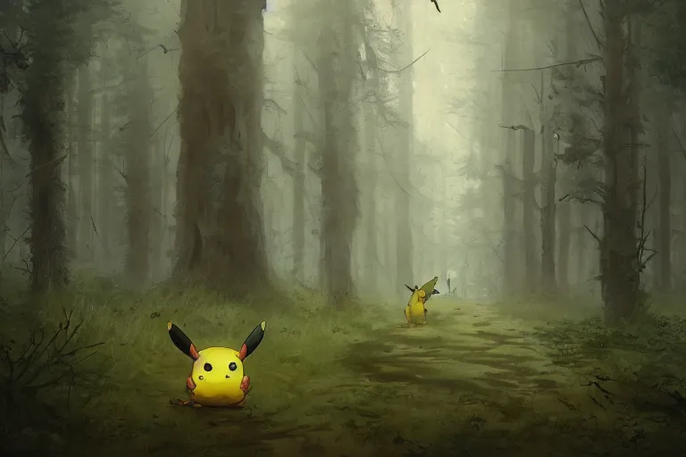 Image similar to Pikachu in the forest, horror, illustrated by Greg Rutkowski and Caspar David Friedrich, Trending on artstation, artstationHD, artstationHQ