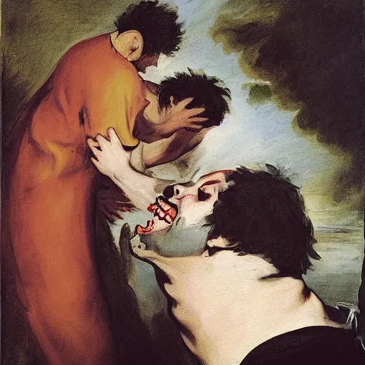 Image similar to the nostalgia critic devouring his son, painting by francisco goya