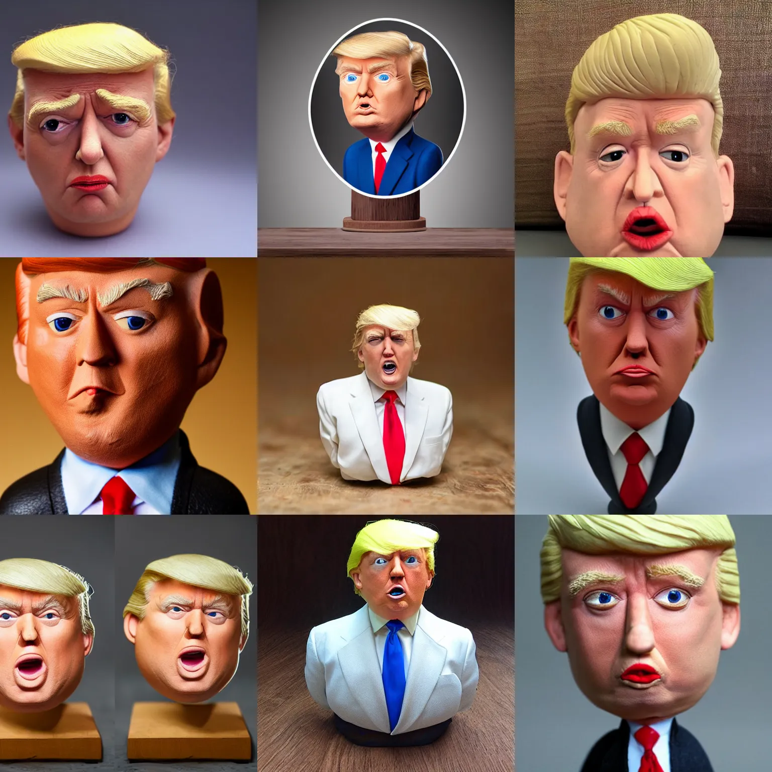 Prompt: extremely realistic!!! smooth specular clay! extremely close smooth specular sculpted headshot of donald trump clay puppet , soft light dull mood, low saturation, on wooden table. style: claymation puppet kids clay , by guldies