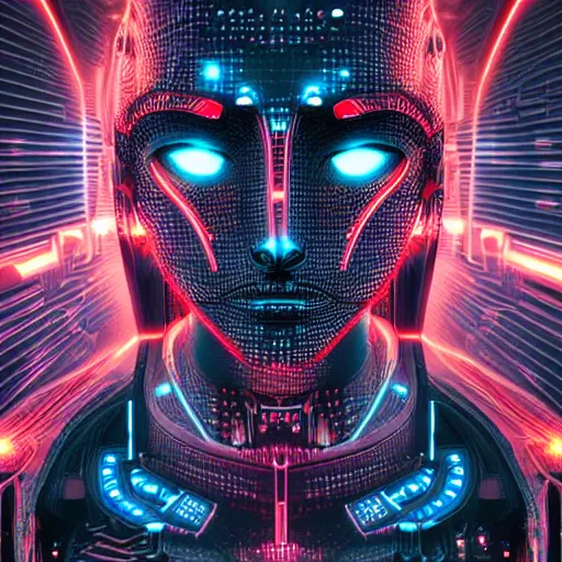 Image similar to face of cybernetic anubis, futuristic, cyberpunk, symmetric, digital illustration, photo - realistic, macro, extremely detailed, vivid, neon, dramatic lighting, intricate details