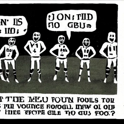 Image similar to group of men asking people to join a football match, comic vignette, 1 9 7 0 newspaper