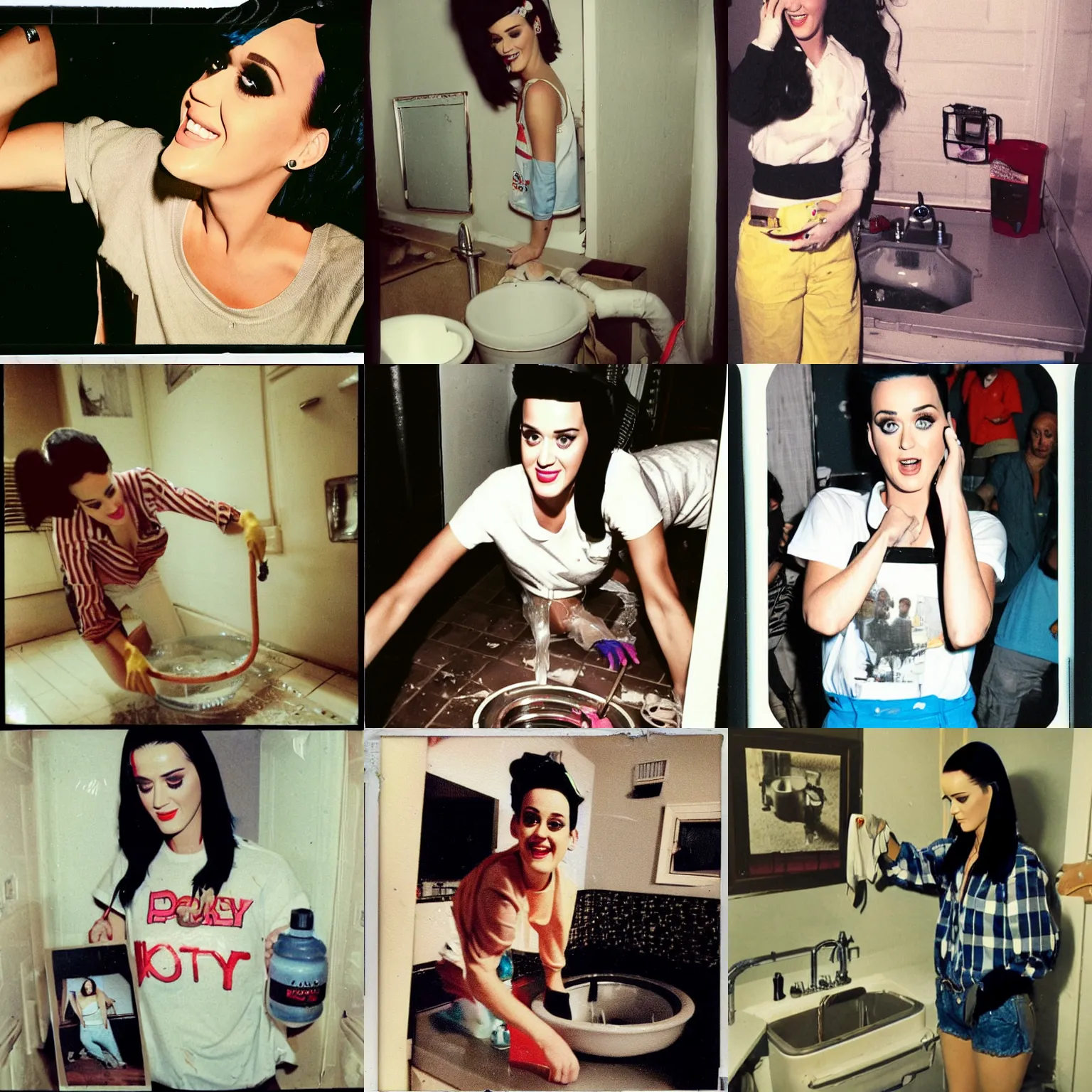 Prompt: katy perry fixing a leaking sink, wearing old shirt, puddle of water on the floor, polaroid photo