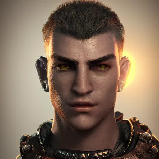 Image similar to still photo of fantasy warrior, male, highly detailed, photorealistic portrait, bright studio setting, studio lighting, crisp quality and light reflections, unreal engine 5 quality render