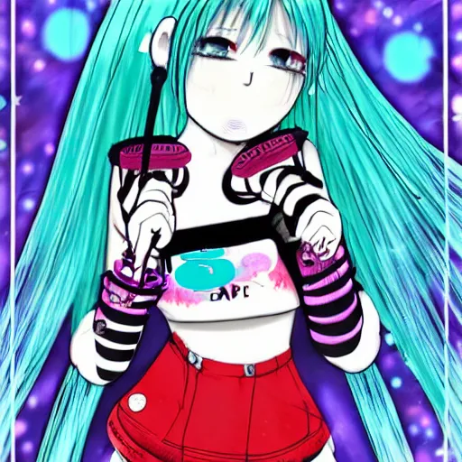 Image similar to hatsune mikue in a sweater rapper with microphone dark art