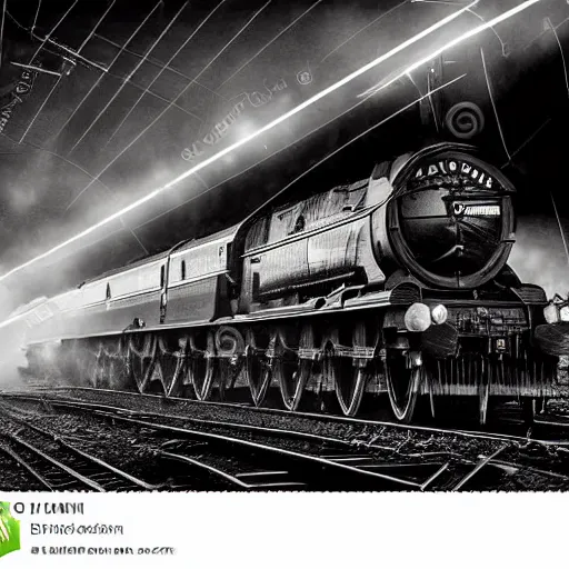 Prompt: A hyperdetailed photograph of the Flying Scotsman on the rails producing lots of black smoke in an old timey city, night, dense fog, rain, HD, 8K resolution