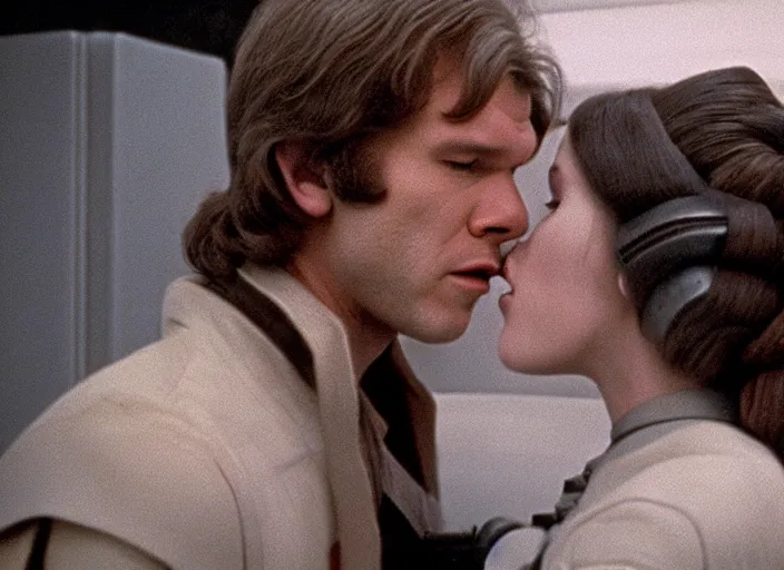 Prompt: screenshot of Han Solo kissing Princess Leia Organa, alone, pensive, iconic scene from 1970s Star Wars film directed by Stanley Kubrick, in a sci fi nursing home architecture, last jedi, 4k HD, cinematic still frame, photoreal, beautiful portraits, moody lighting, stunning cinematography, anamorphic lenses, kodak color film stock