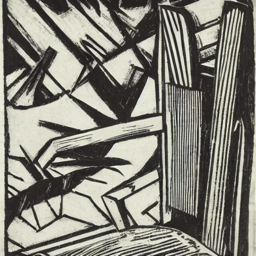 Image similar to a townsend's warbler perched on the back of an adirondack chair, german expressionist woodcut, kathe kollwitz, ernst ludwig kirchner, max beckmann, max pechstein, black and white