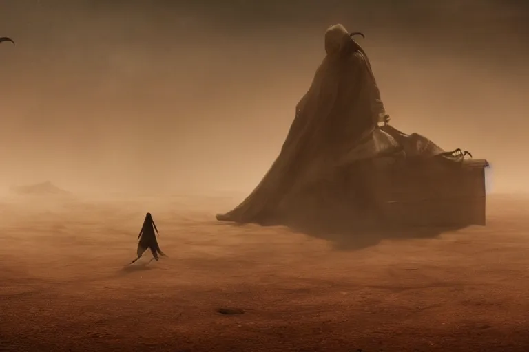 Prompt: a shadowy figure in tattered robes sees another figure in the distance, in an alien desert during a sandstorm ; tension, creepy mood, uneasy atmosphere, breathtaking digital art, cinematic lighting, striking perspective, contrasting colors, unreal engine 8 k, trending on artstation, aesthetic color palette, very realistic, highly detailed