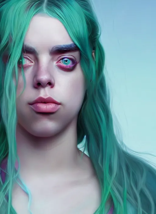 Image similar to Billie Eilish as Female Loki, beautiful facial symmetry, rose pink skin, very detailed, digital art, trending on artstation, smooth render, 8k octane render, digital illustration, by Katsuhiro Otomo and Shigeru Miyamoto and Ian Sprigger