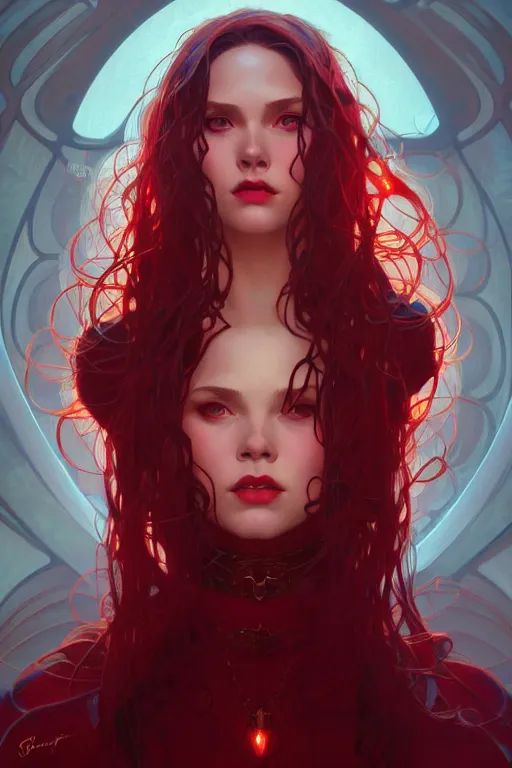 Prompt: Scarlet Witch, fantasy, portrait, sharp focus, intricate, elegant, digital painting, artstation, matte, highly detailed, concept art, illustration, ambient lighting, art by ilya kuvshinov, artgerm, Alphonse mucha, and Greg Rutkowski