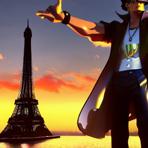 Image similar to a 3 d render of jotaro kujo next to the eiffel tower, hyper - detailed, unreal engine 5, beautiful, the sun is rising, ultra - realistic