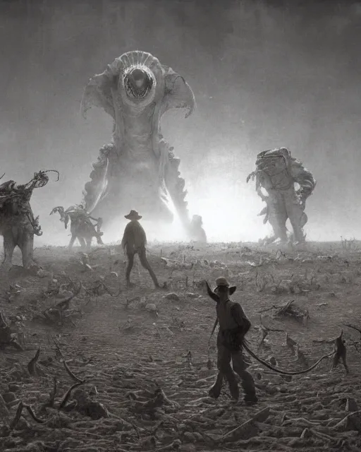 Image similar to cowboys vs kaiju, vintage old, sepia, retrofuturism sci - fi old movie, highly detailed, photorealistic, 8 k, by beksinski and stalenhag