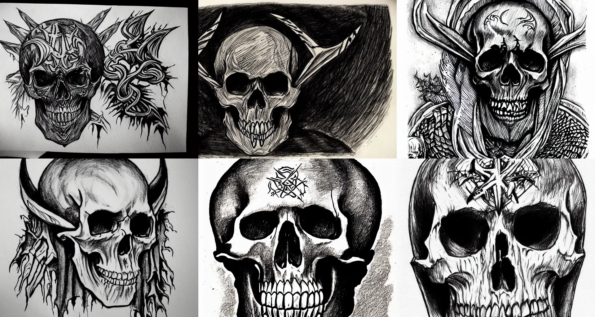 Prompt: dark satanic skull ink drawing