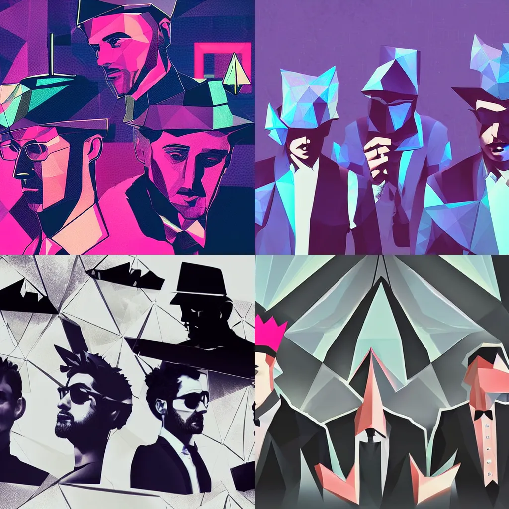 Prompt: three mobsters wearing crowns, digital art, polygonal art, cyberpunk, synthwave, zoomed out