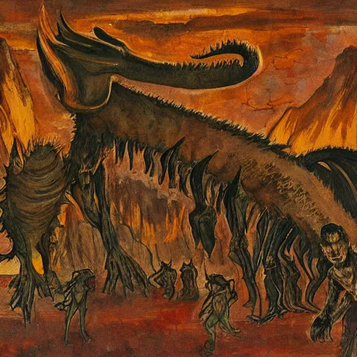 Prompt: A beautiful land art of a large, dragon-like creature with sharp teeth, talons, and a long tail. The creature is looming over a small group of people who appear to be in distress. burnt umber, in the desert by Wes Anderson, by Affandi rich details, loose