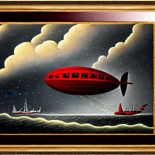 Image similar to victorian airship flying into a violent thunderstorm, red gold gray, rich, highly detailed, realistic, illustration