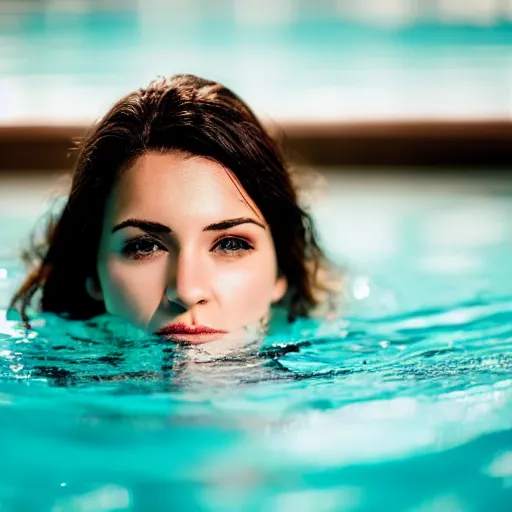 Image similar to close up portrait of beautiful woman half emerged in a swimming pool glaring in the camera, f1.8 50mm