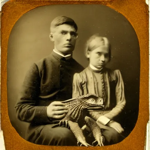 Prompt: daguerrotype of a family with a pet velociraptor 1 9 0 0