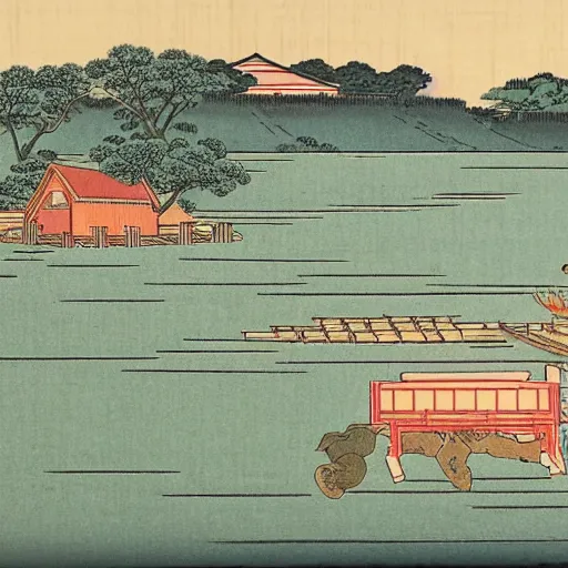 Image similar to a farm next to a lake in the style of ukiyo - e