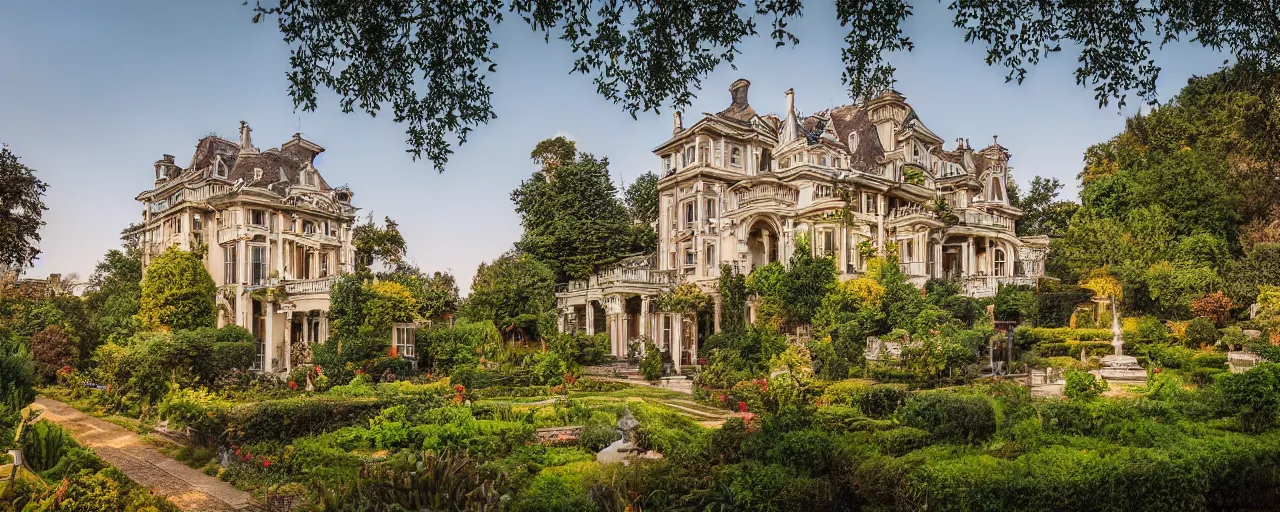 Image similar to a highly detailed photograph of a house from the 1880s surrounded by beautiful gardens, view from ground level, elegant, ornate, daytime, beautifully lit scene