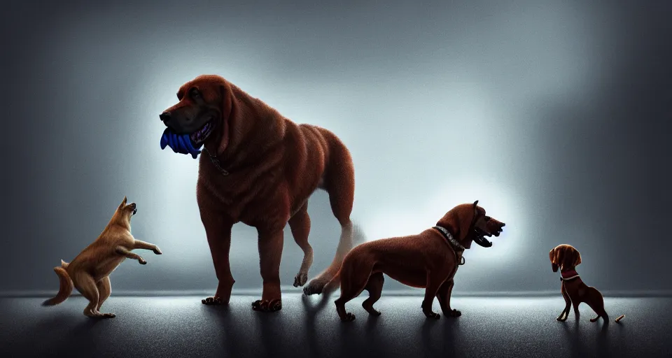 Image similar to a digital painting of a standoff between a very large dog facing a tiny dog, wide open drolling mouth, hyperealism, award winning, stunning, trending on art station, highly detailed, cinematic lighting, 8 k, hd