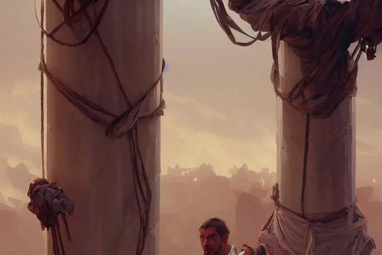 Image similar to a man tied to a pillar, highly detailed, hyperrealistic digital painting, artstation, concept art, smooth, sharp focus, illustration, cinematic lighting, art by artgerm and greg rutkowski and alphonse mucha