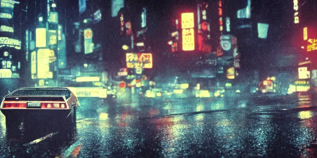 Image similar to a single amc amx / 3, speeding down tokyo highway in the rain, night time, neon lights, thunderstorm, movie still from the film bladerunner