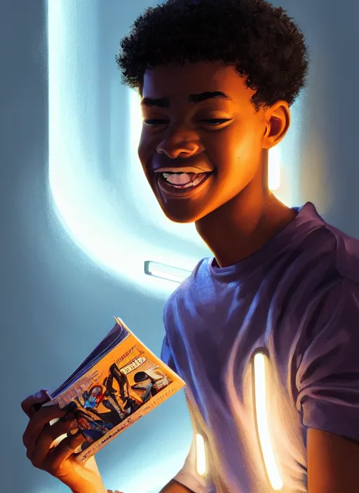 Prompt: portrait of teenage chuck clayton, black teenage boy, short curly hair, short hair square jaw, slight excited smile, reading a comic book, intricate, elegant, glowing lights, highly detailed, digital painting, artstation, concept art, smooth, sharp focus, illustration, art by wlop, mars ravelo and greg rutkowski