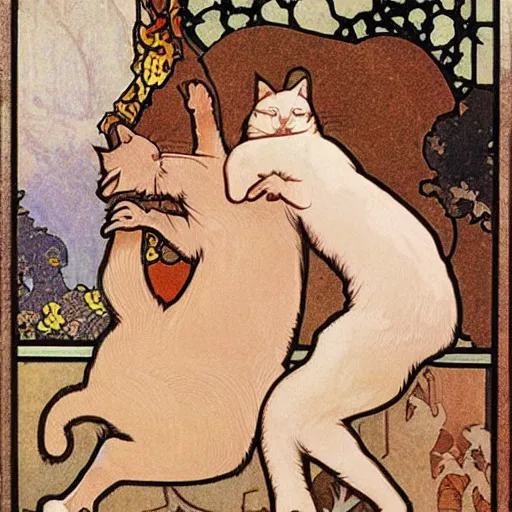 Image similar to Two cats playing with each other by mucha