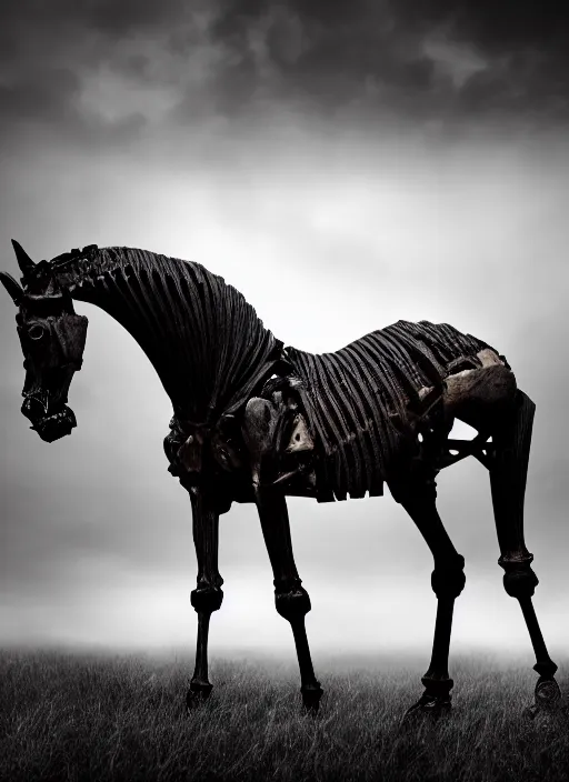 Image similar to skeleton of a horse in a dark veil, dark and mysterious, stopped in time, atmospheric, ominous, eerie, cinematic, epic, 8 k, 4 k, ultra detail, ultra realistic