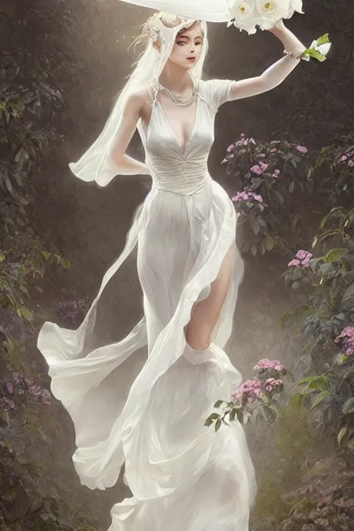 Image similar to beautiful woman dressed in a vaporous wrapped large victorian white roses silk semi-transparent dress fashion is running, D&D, fantasy, intricate, elegant, highly detailed, digital painting, trending on artstation, concept art, matte, sharp focus, illustration, art by Artgerm and Greg Rutkowski and Alphonse Mucha, instagram model