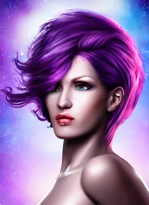 Image similar to photorealistic space pilot 3 0 0 0 cyclope beautiful female with purple hair portrait photography feroflex photorealistic studio lighting ektachrome detailed intricate face details, ultradetails, beautiful face, realistic shaded perfect face, extremely fine details