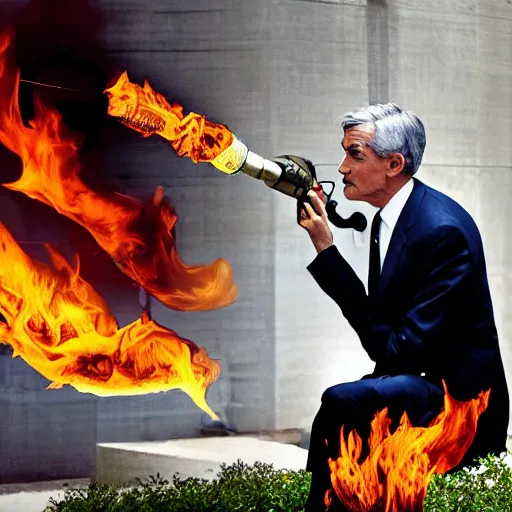 Image similar to photo of Jerome Powell using a flamethrower projecting a long flame