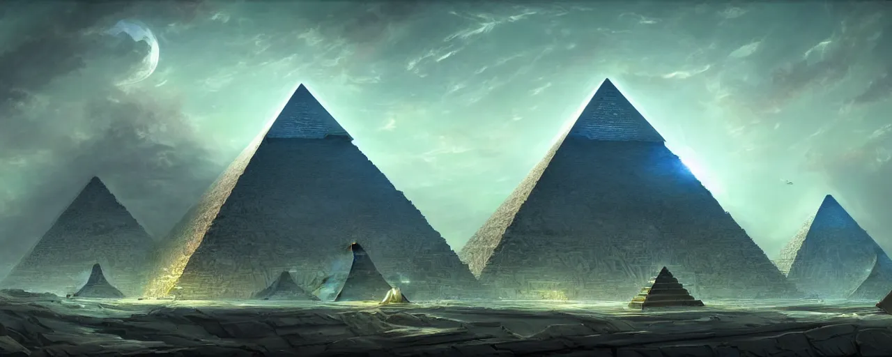 Image similar to an intricate concept art of the pyramid as alien mothership, concept art, matte painting, style by dylan cole and tyler edlin art, environment design, wide angle, unreal engine, epic lighting,