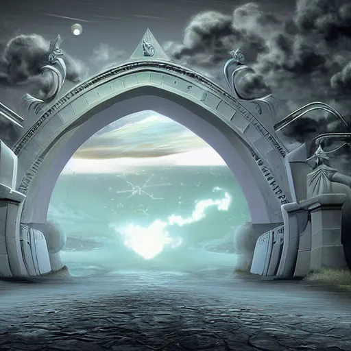 Prompt: surreal painting of a dimensional gateway leading into a 3d rendered surreal landscape environment by ferjo