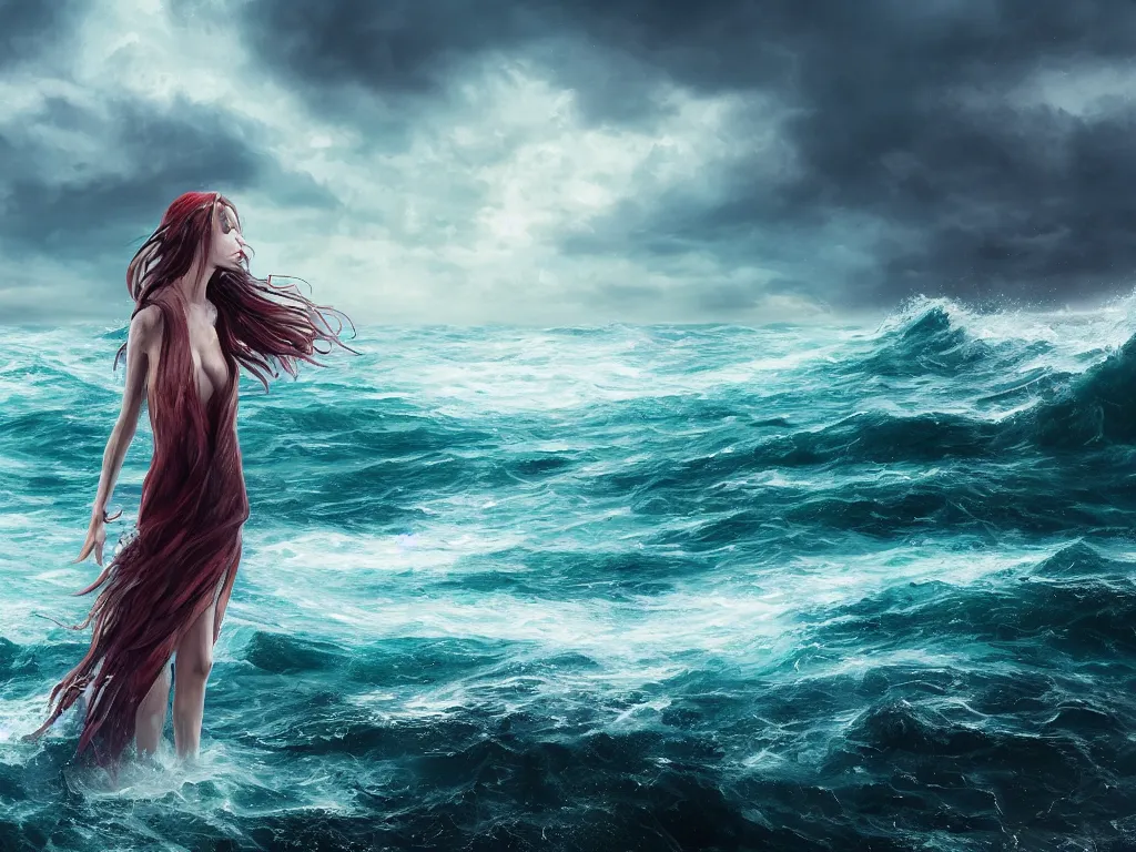 Prompt: a sea witch on a rough ocean with vibrant turbulent skies, photorealistic, by wlop, 4 k resolution