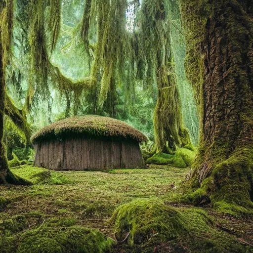 Image similar to A forest full of trees and moss, the scene contains a singular hut with a strange figure standing nearby, Photography, dark, intricate cube, Bleda, Elsa