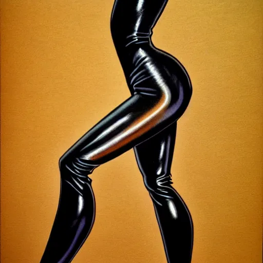 Prompt: woman with black hair in knee high leather boot, latex 1 9 8 0's art, airbrush style, art by hajime sorayama,, intricate, elegant, sharp focus, illustration, highly detailed, h 6 4 0