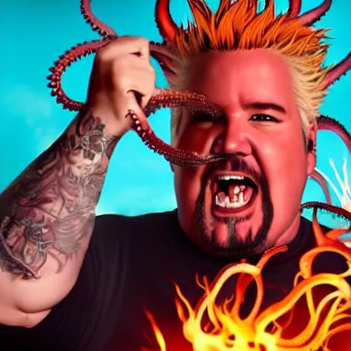 Prompt: guy fieri, turning into an eldritch horror with tentacles, hair sharp like blades, bathing in a giant pan filled with boiling oil, film still from the movie directed by denis villeneuve with art direction by salvador dali