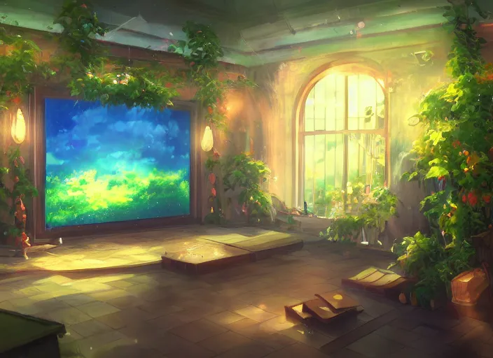 Image similar to anime background clean neat clarity professional visual development set design, cozy hall with big screen instead of one wall, sparse plants, dim painterly lighting volumetric aquatics, impasto, trending on pixiv