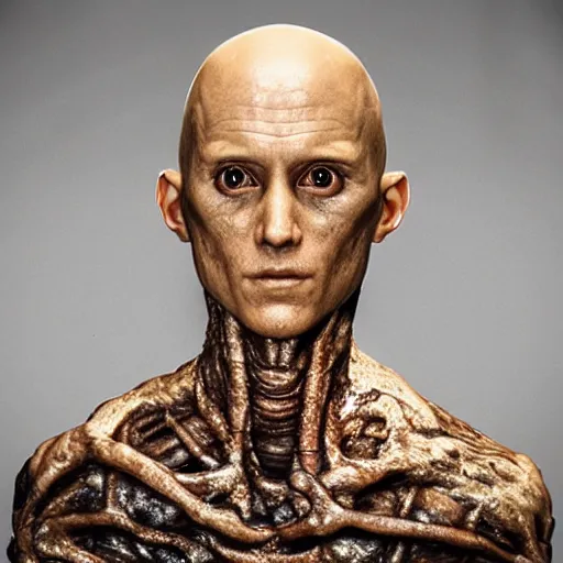 Image similar to photo taken of an epic intricate, ultra detailed, super realistic gritty, wet, lifelike sculpture of saitama from one ounch man with patches of skin created by weta workshop, zoomed in shots, subsurface scattering, photorealistic, sharp focus, white wall coloured workshop, cold colour temperature, f 0. 4, face centred, golden ratio