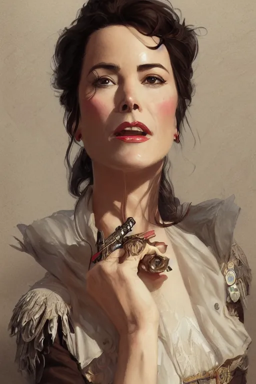 Image similar to portrait of parker posey, western, gunslinger, duster, fantasy, intricate, elegant, highly detailed, digital painting, artstation, concept art, sharp focus, illustration, art by artgerm and greg rutkowski and alphonse mucha