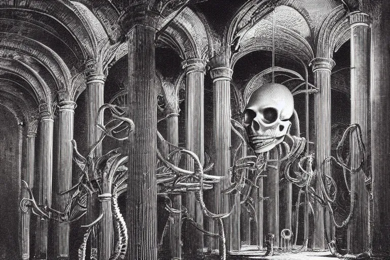 Image similar to intricate, smooth, large metallic skull atop coil of columns, inside a dark room, style by caspar david friedrich and wayne barlowe and ted nasmith.