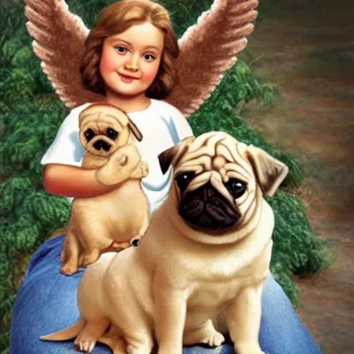 Image similar to biblically-accurate angel holding a pug puppy