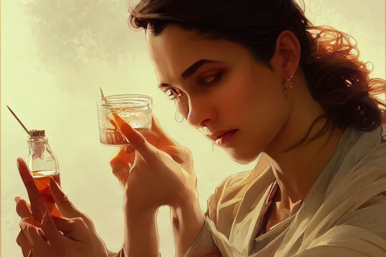 Image similar to Anxious good looking pale young Indian doctors drinking, portrait, elegant, intricate, digital painting, artstation, concept art, smooth, sharp focus, illustration, art by artgerm and greg rutkowski and alphonse mucha